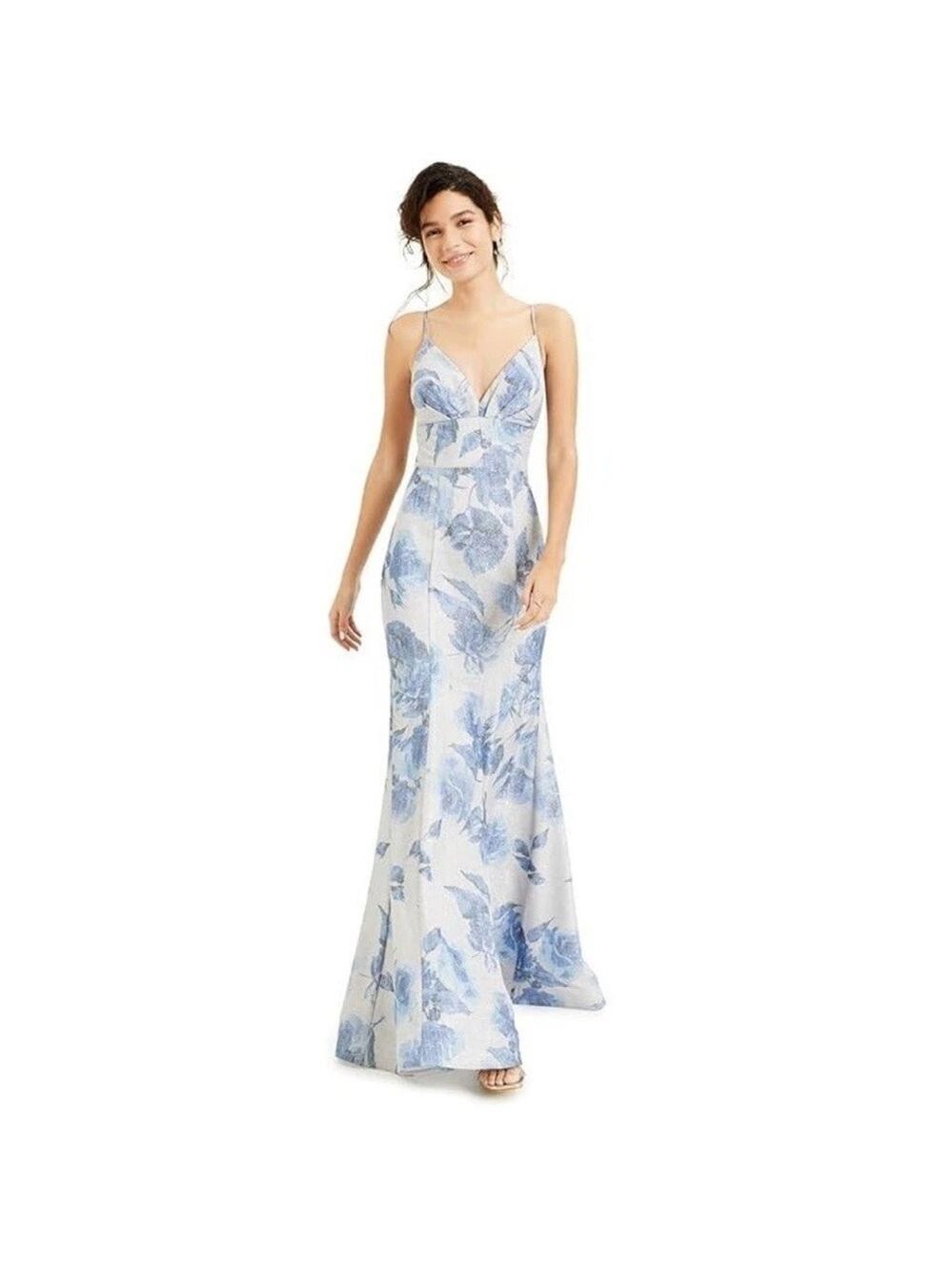 B Darlin Junior Womens 3/4 Silver Blue Floral V Neck Maxi Long Dress Small